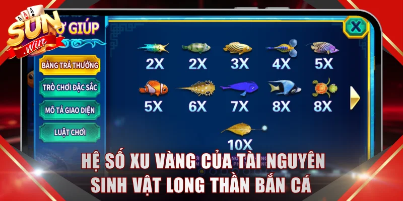 Hệ số xu vàng của tài nguyên sinh vật Long Thần Bắn Cá 